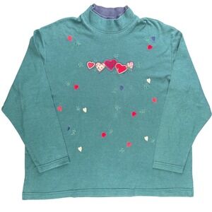 Vintage Heart Embroidered Mock Neck Sweater Womens Green Valentines Day Bonworth